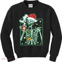 Funny Christmas Skeleton Enjoying Hot Chocolate Coffee Kids Sweatshirt thumb 0