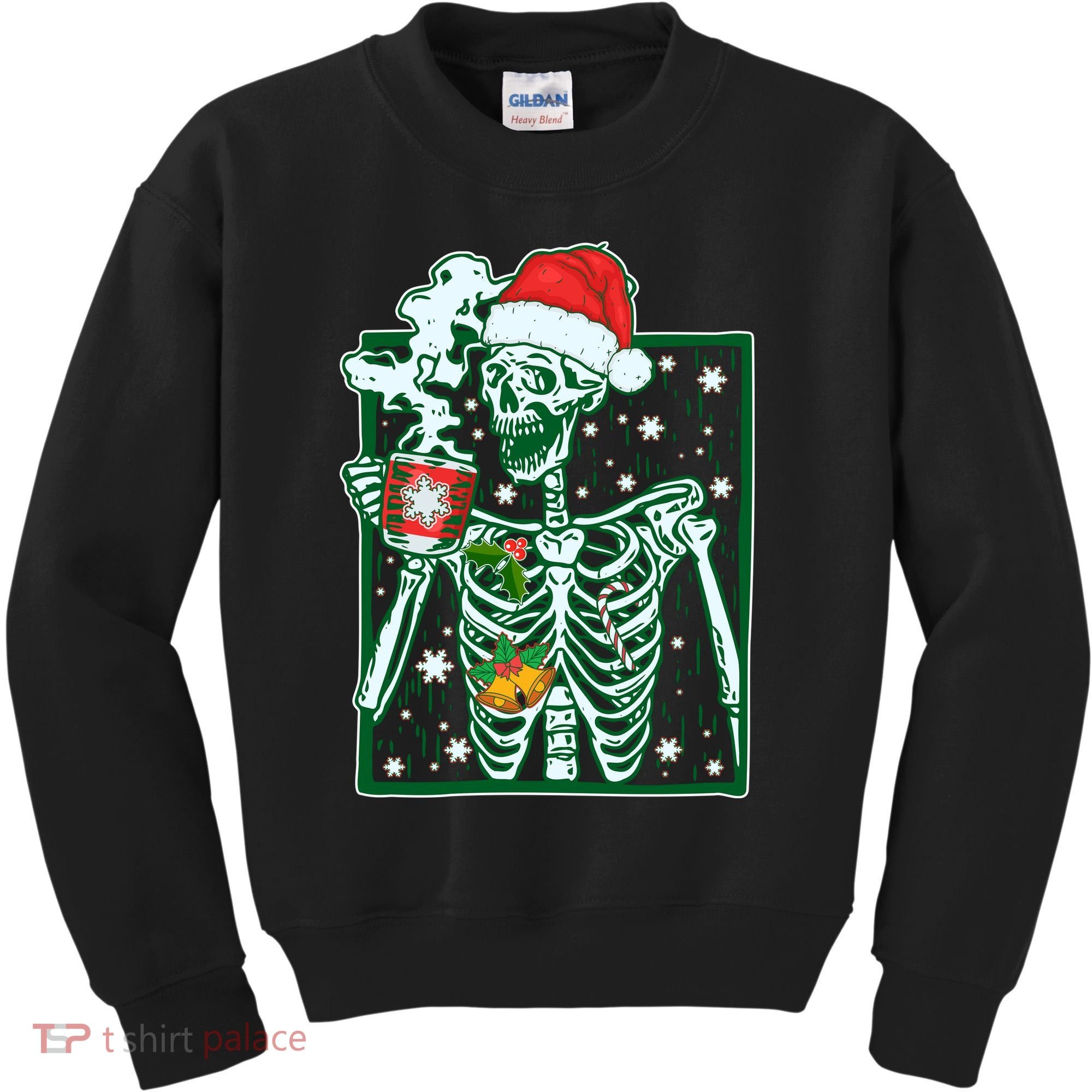 Funny Christmas Skeleton Enjoying Hot Chocolate Coffee Kids Sweatshirt