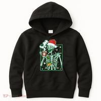 Funny Christmas Skeleton Enjoying Hot Chocolate Coffee Kids Hoodie thumb 0
