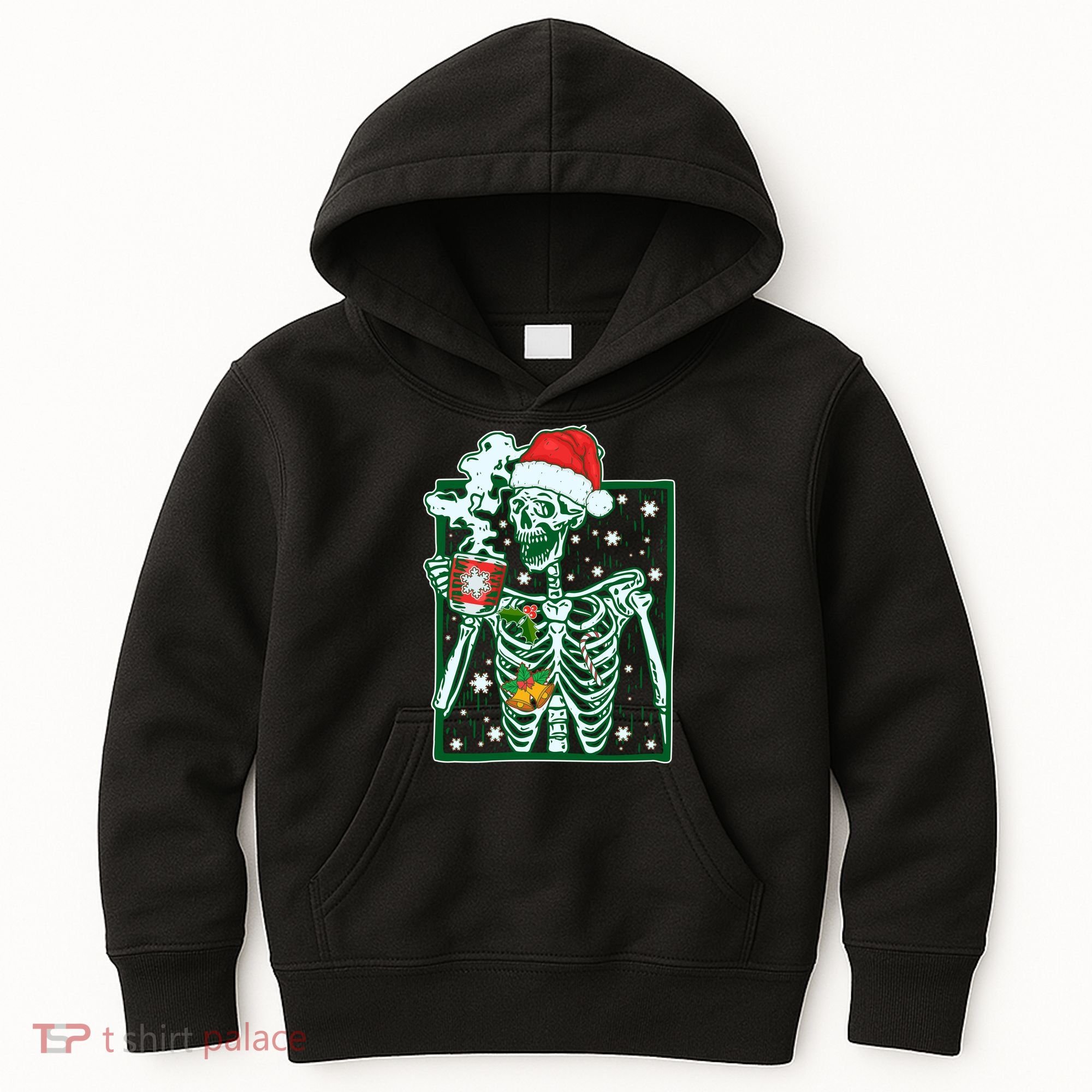 Funny Christmas Skeleton Enjoying Hot Chocolate Coffee Kids Hoodie