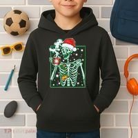 Funny Christmas Skeleton Enjoying Hot Chocolate Coffee Kids Hoodie thumb 2