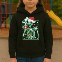 Funny Christmas Skeleton Enjoying Hot Chocolate Coffee Kids Hoodie thumb 3