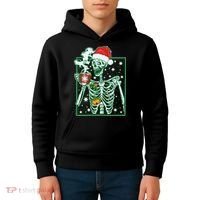 Funny Christmas Skeleton Enjoying Hot Chocolate Coffee Kids Hoodie thumb 4
