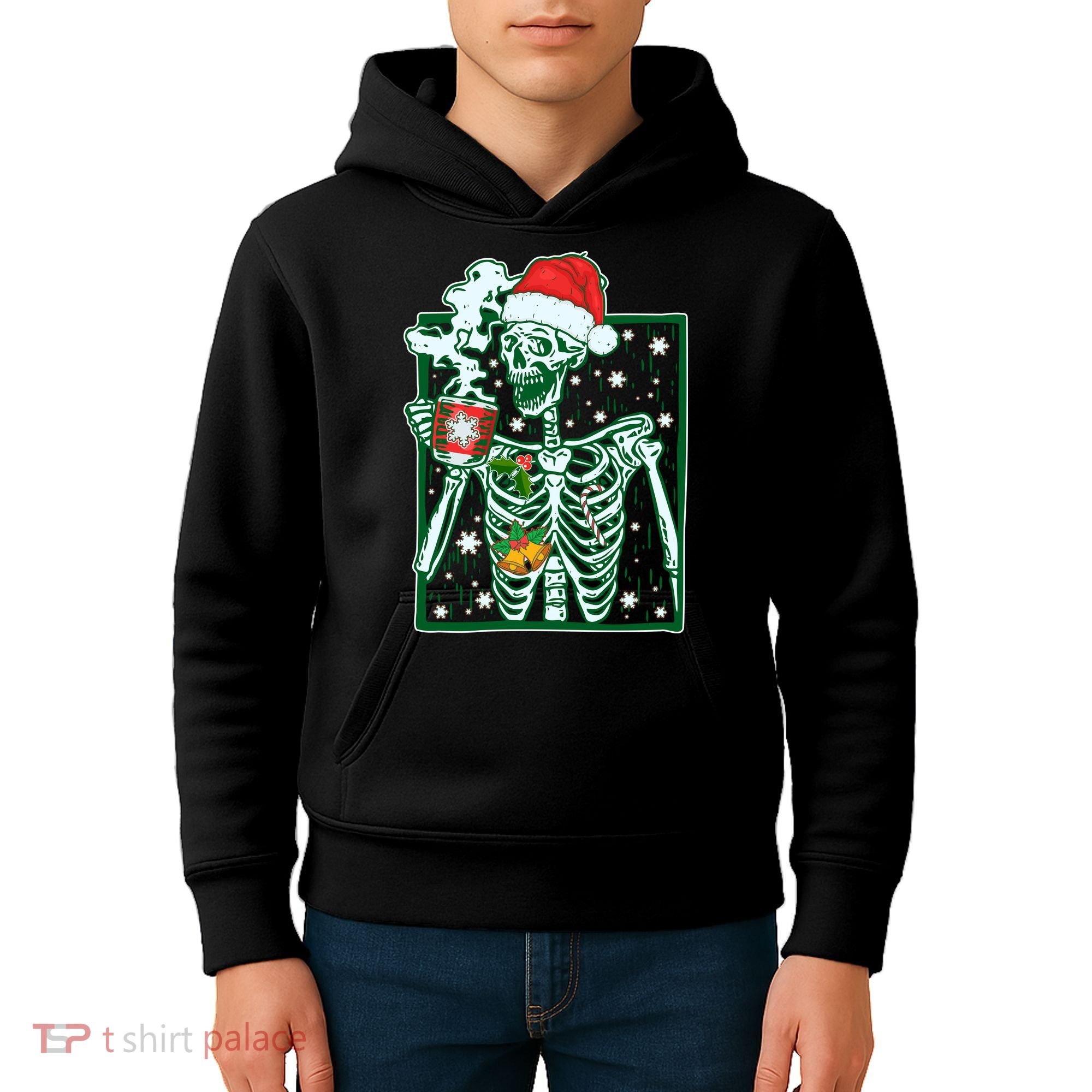 Funny Christmas Skeleton Enjoying Hot Chocolate Coffee Kids Hoodie