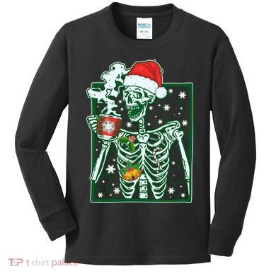 Funny Christmas Skeleton Enjoying Hot Chocolate Coffee Kids Long Sleeve Shirt