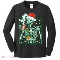 Funny Christmas Skeleton Enjoying Hot Chocolate Coffee Kids Long Sleeve Shirt thumb 0