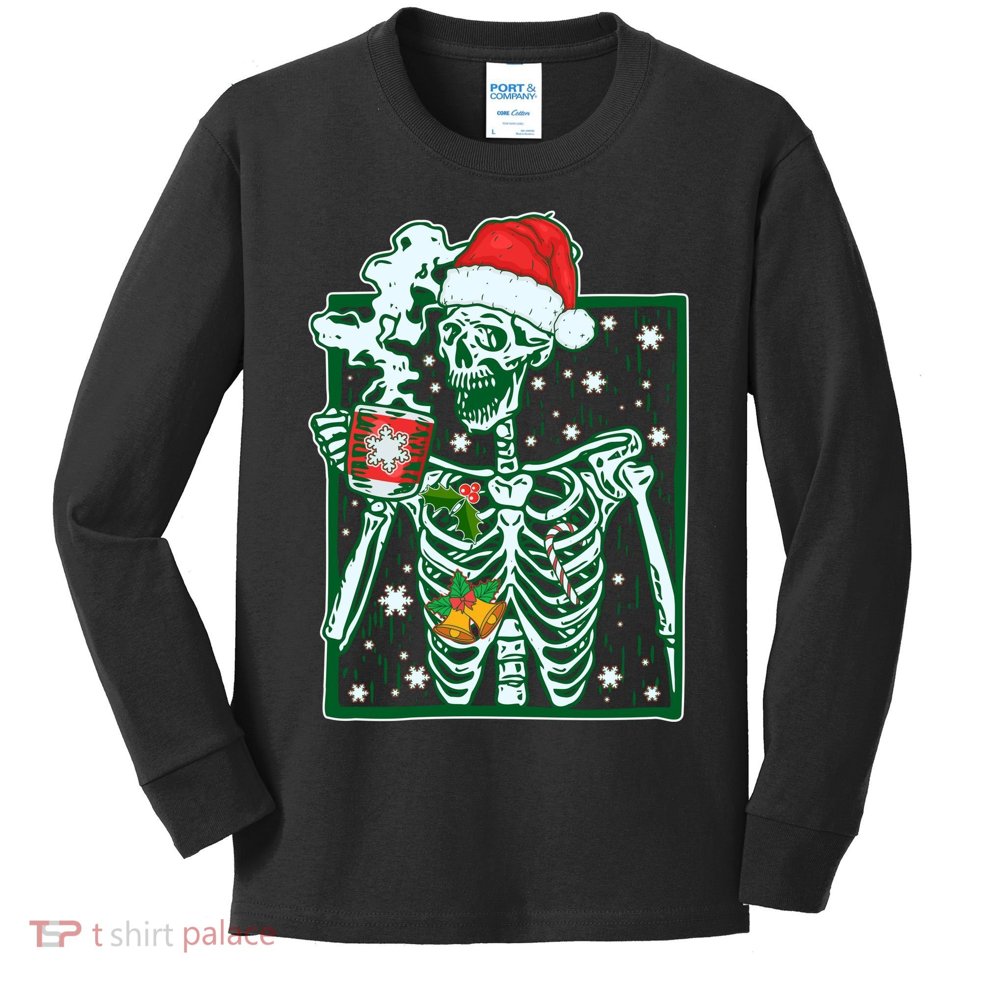 Funny Christmas Skeleton Enjoying Hot Chocolate Coffee Kids Long Sleeve Shirt