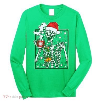 Funny Christmas Skeleton Enjoying Hot Chocolate Coffee Long Sleeve Shirt
