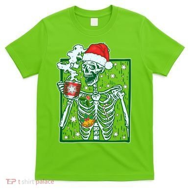Funny Christmas Skeleton Enjoying Hot Chocolate Coffee T-Shirt
