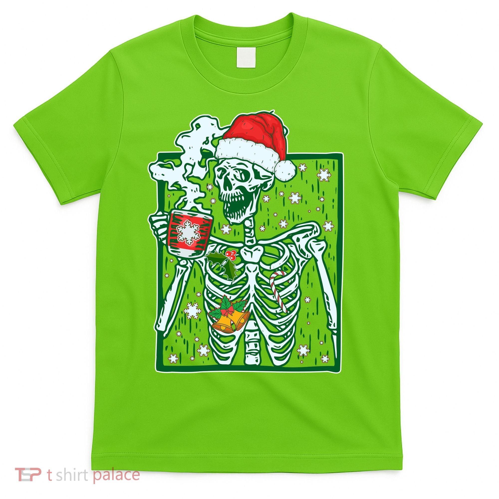 Funny Christmas Skeleton Enjoying Hot Chocolate Coffee T-Shirt