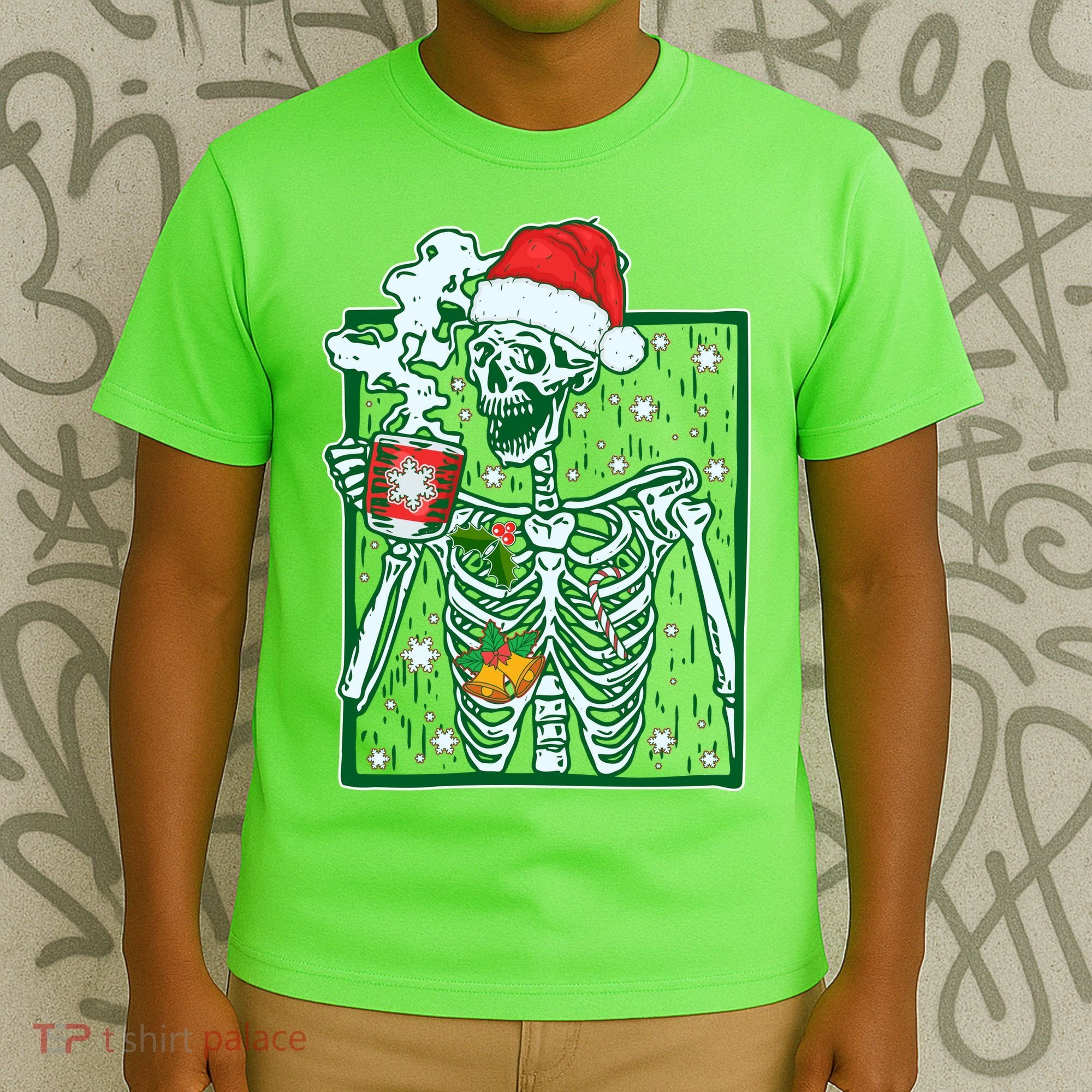 Funny Christmas Skeleton Enjoying Hot Chocolate Coffee T-Shirt