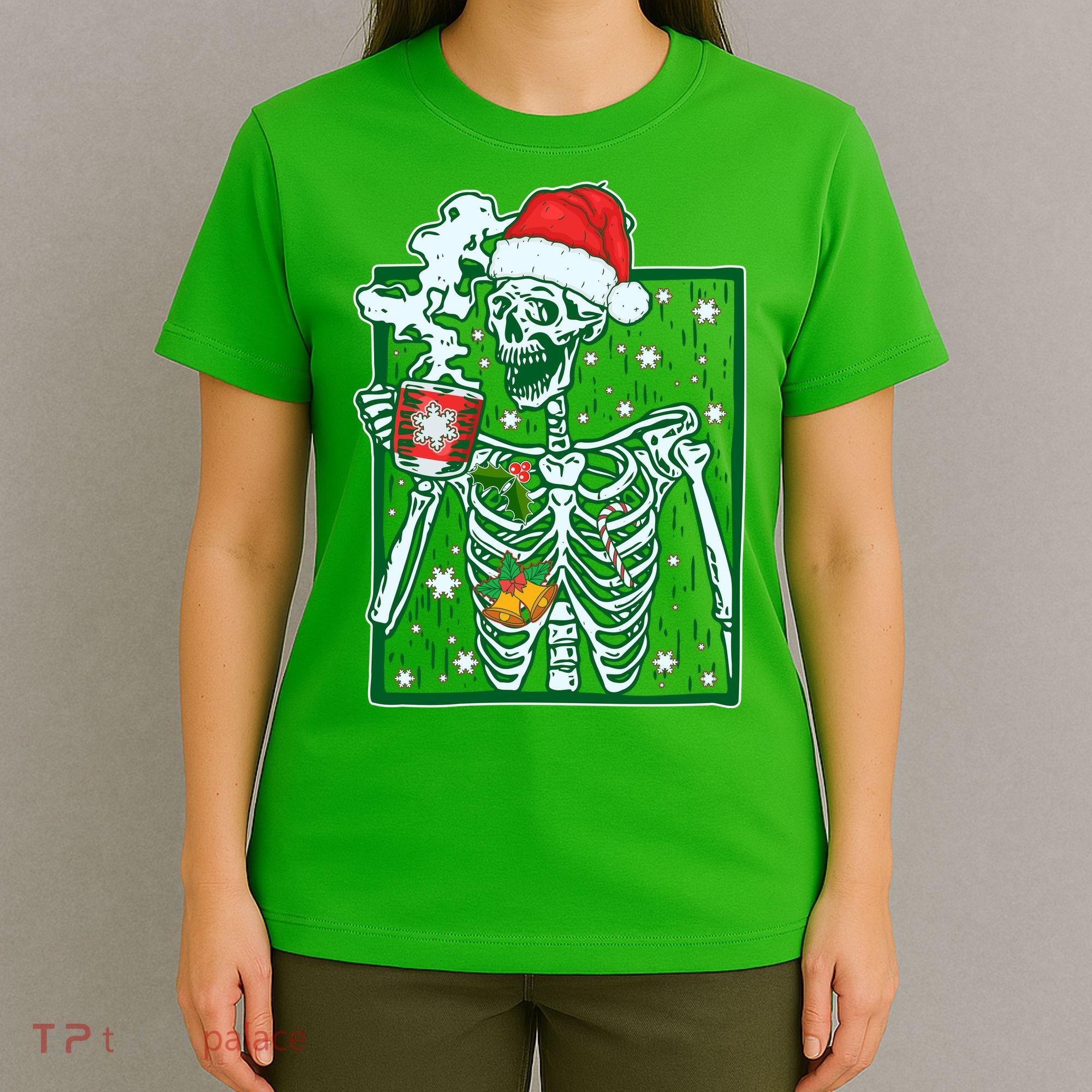 Funny Christmas Skeleton Enjoying Hot Chocolate Coffee T-Shirt