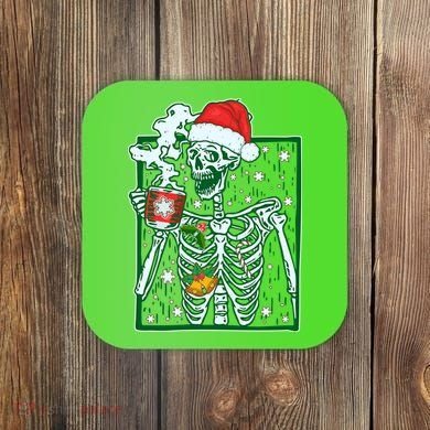 Funny Christmas Skeleton Enjoying Hot Chocolate Coffee Coaster