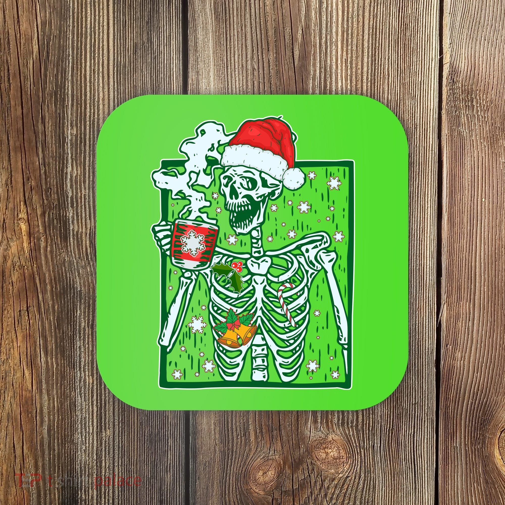 Funny Christmas Skeleton Enjoying Hot Chocolate Coffee Coaster