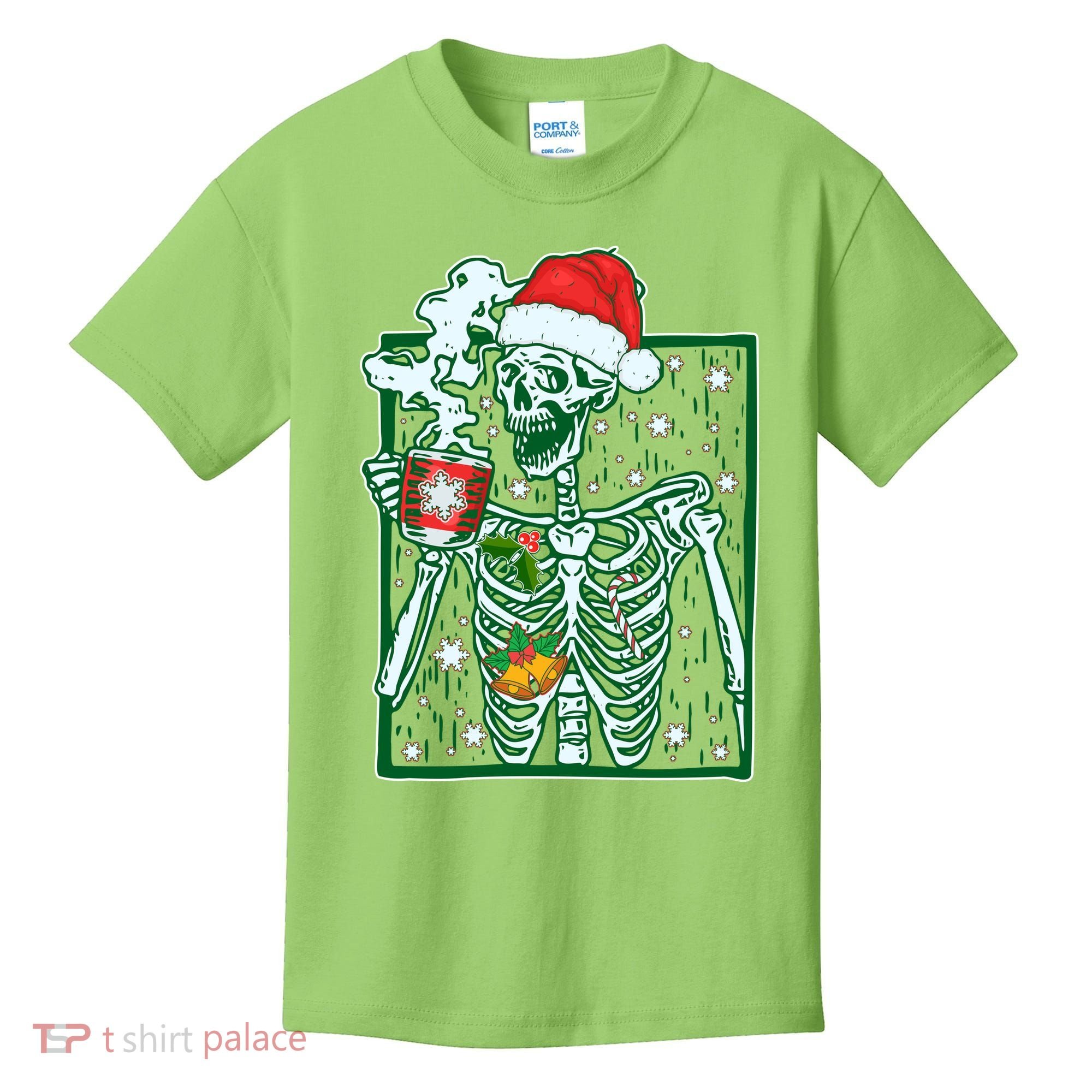 Funny Christmas Skeleton Enjoying Hot Chocolate Coffee Kids T-Shirt