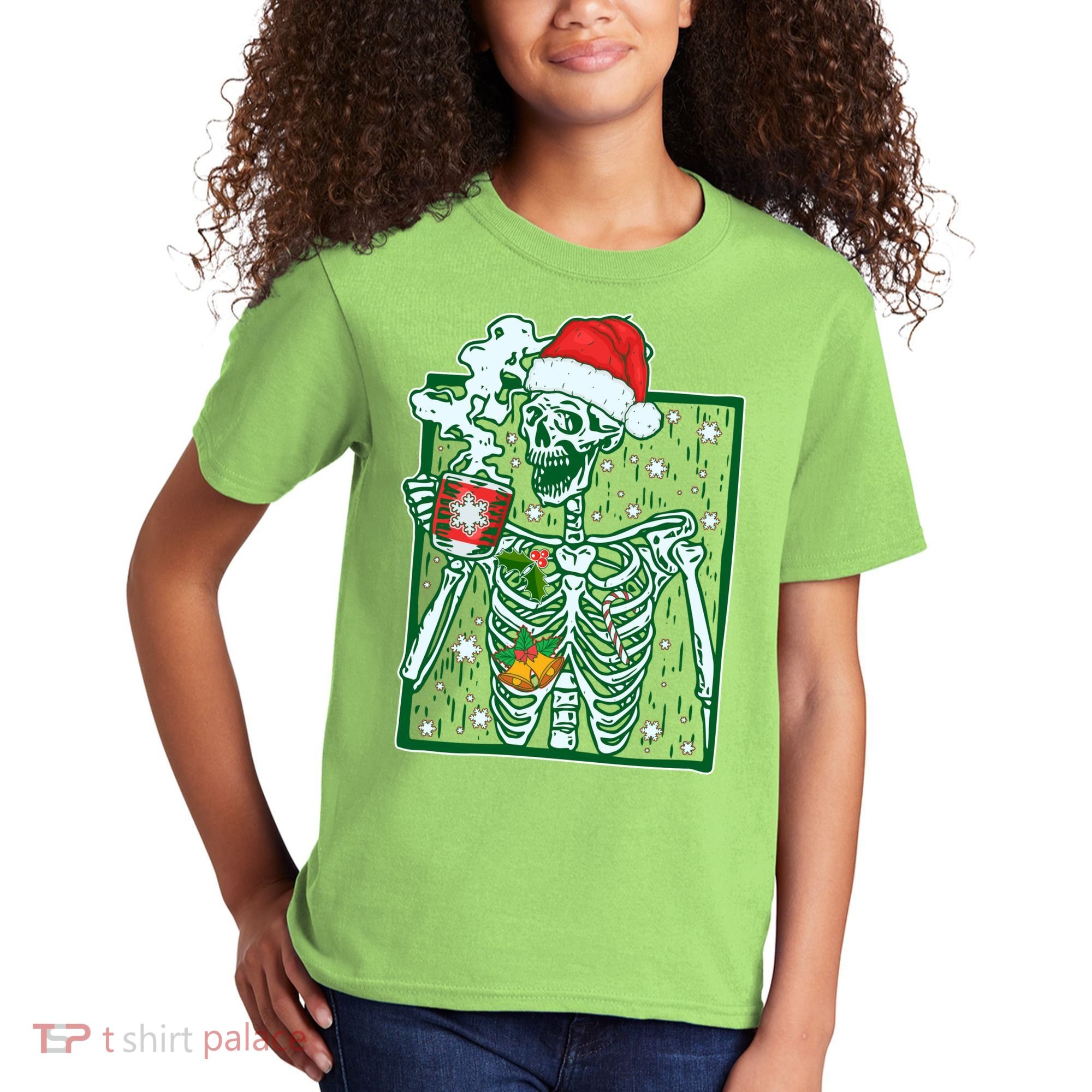 Funny Christmas Skeleton Enjoying Hot Chocolate Coffee Kids T-Shirt