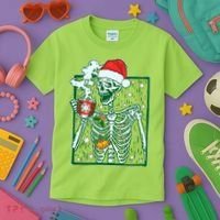 Funny Christmas Skeleton Enjoying Hot Chocolate Coffee Kids T-Shirt thumb 3