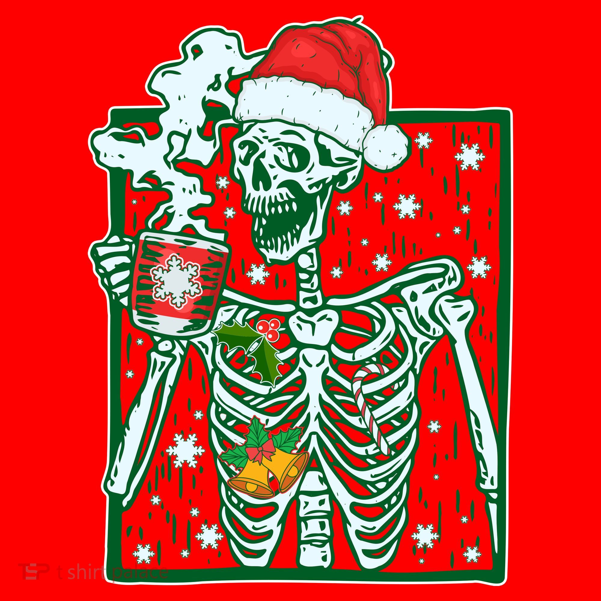 Funny Christmas Skeleton Enjoying Hot Chocolate Coffee Santa Hat