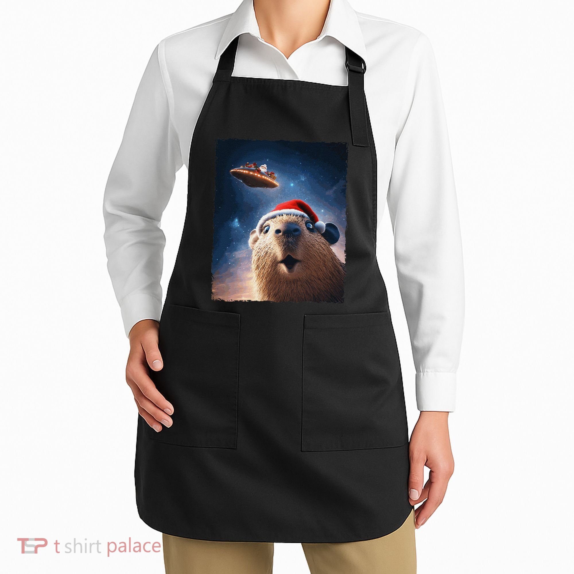 Funny Capybara Selfie Santa Ufo Xmas Christmas Apron