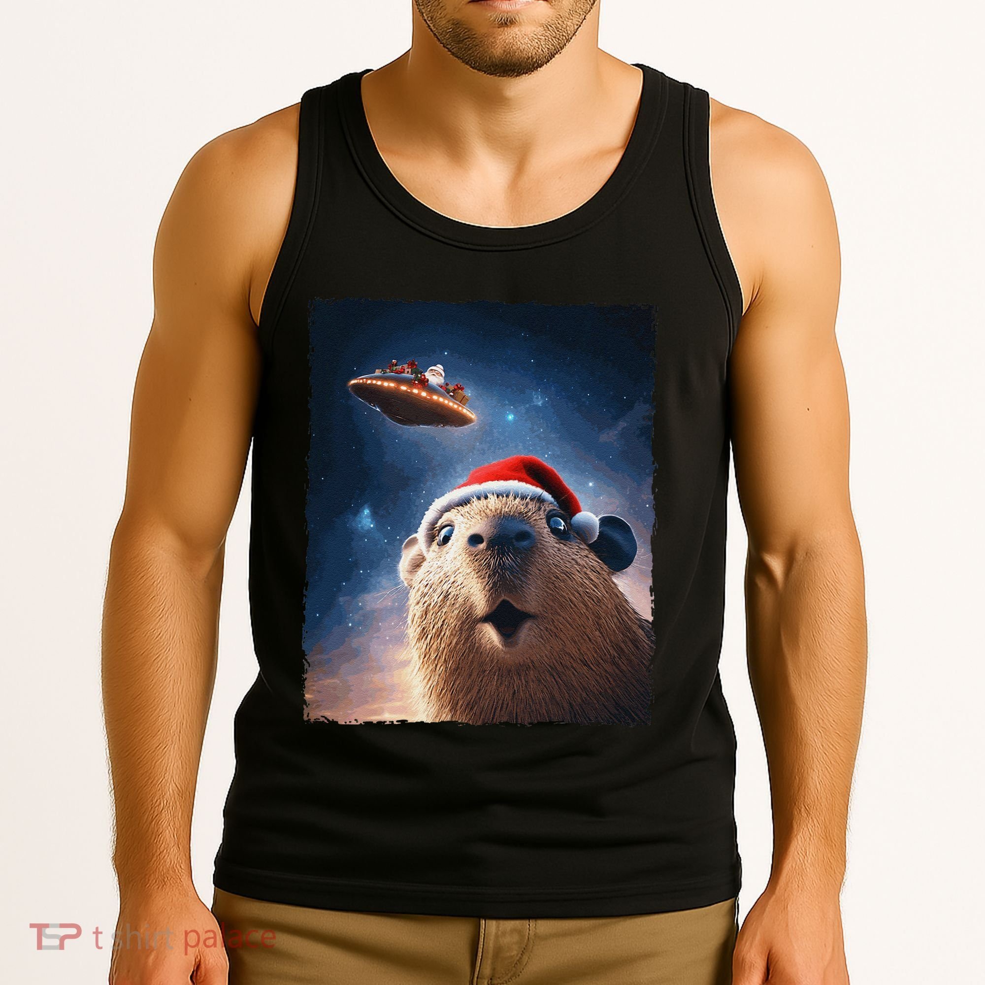 Funny Capybara Selfie Santa Ufo Xmas Christmas Tank Top