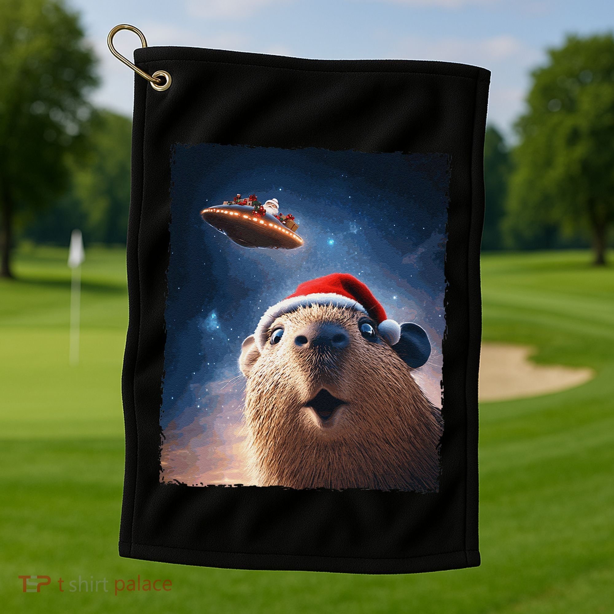 Funny Capybara Selfie Santa Ufo Xmas Christmas Golf Towel