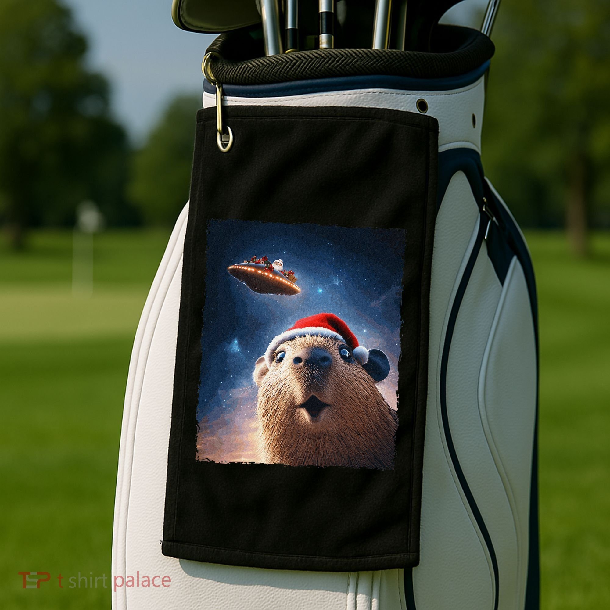 Funny Capybara Selfie Santa Ufo Xmas Christmas Golf Towel