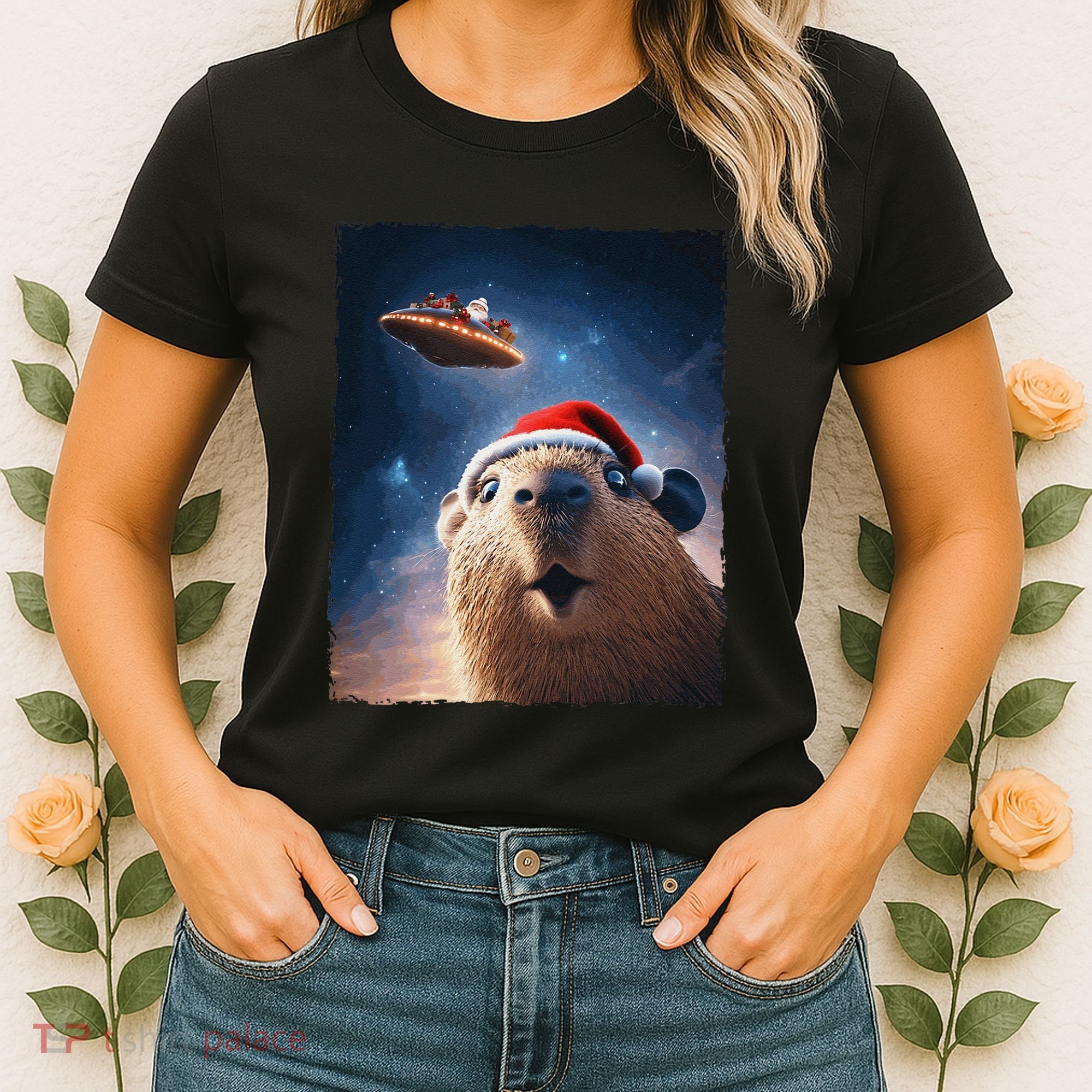 Funny Capybara Selfie Santa Ufo Xmas Christmas Women's T-Shirt