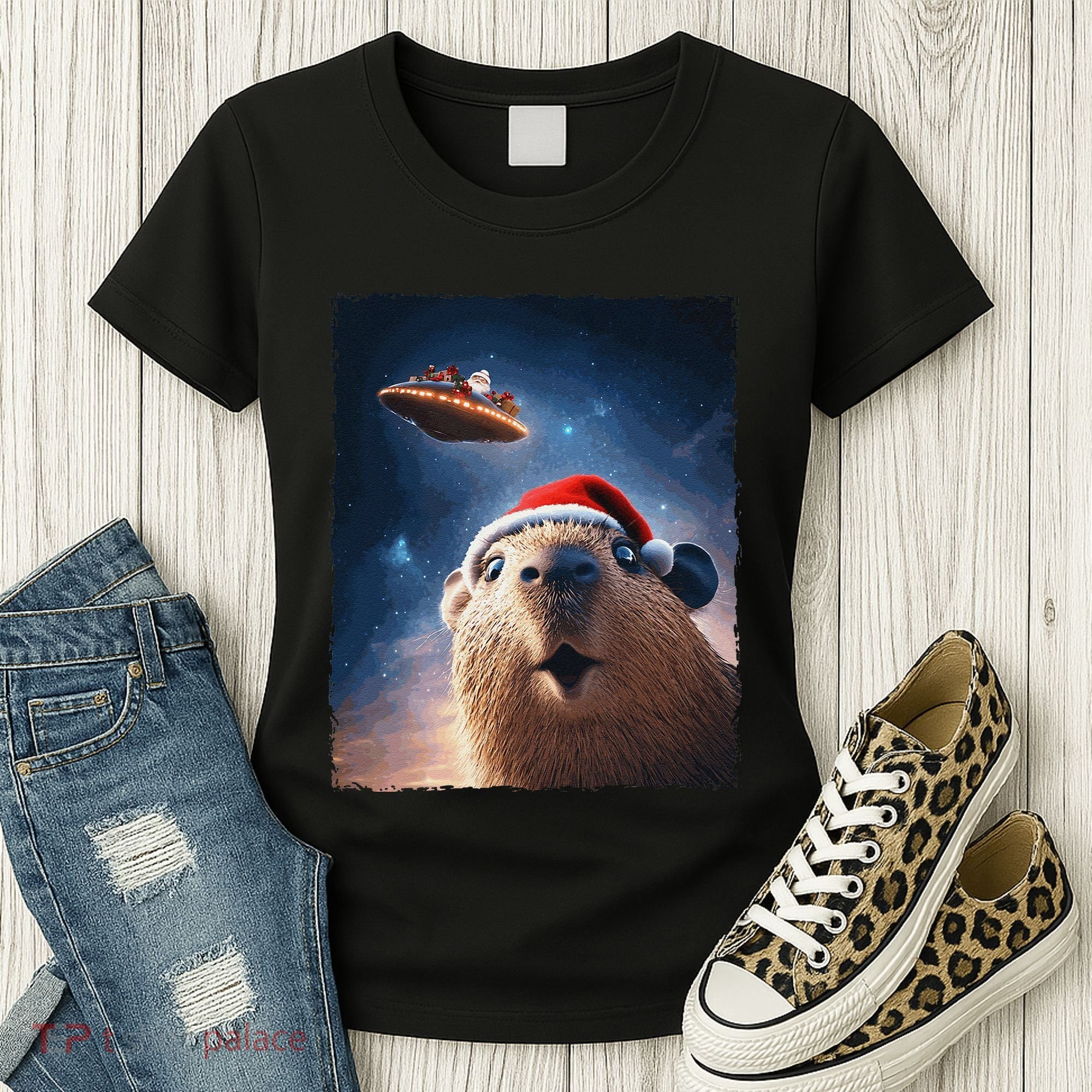 Funny Capybara Selfie Santa Ufo Xmas Christmas Women's T-Shirt