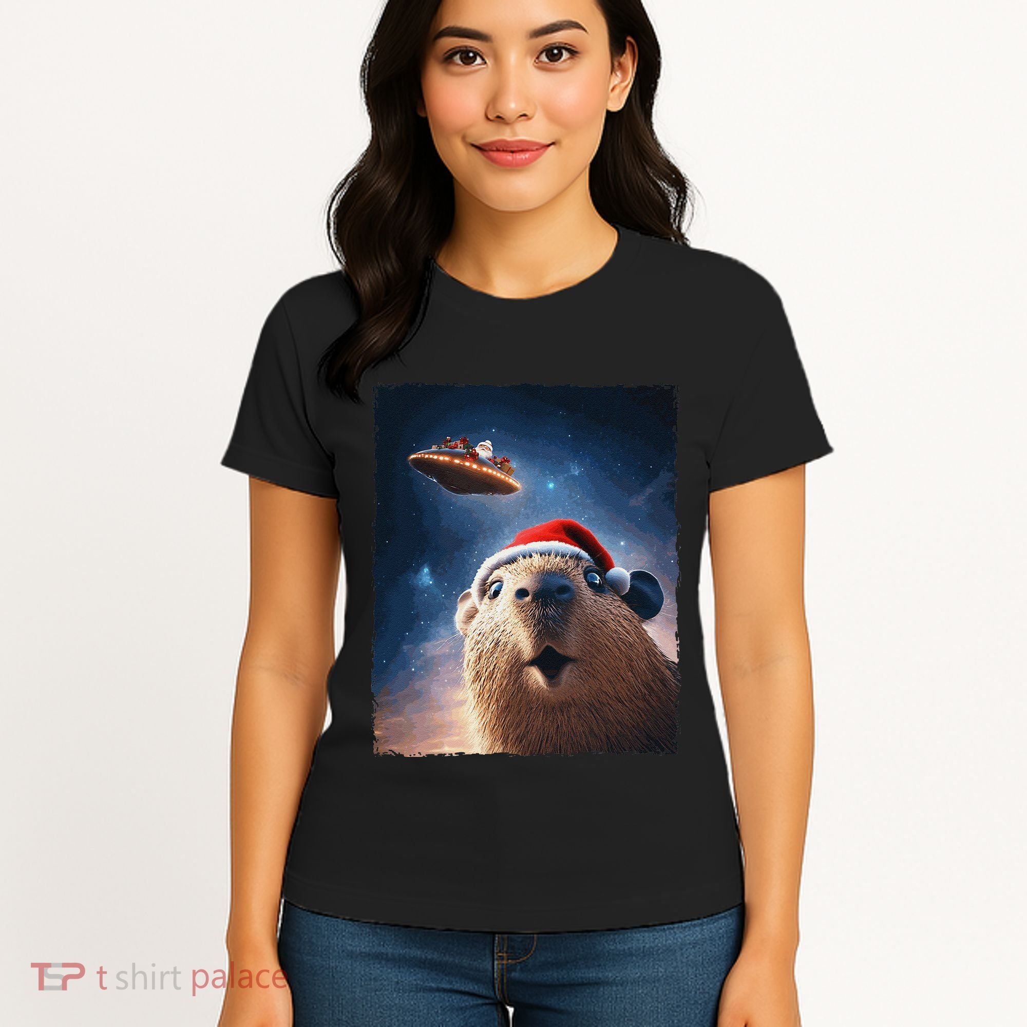Funny Capybara Selfie Santa Ufo Xmas Christmas Women's T-Shirt