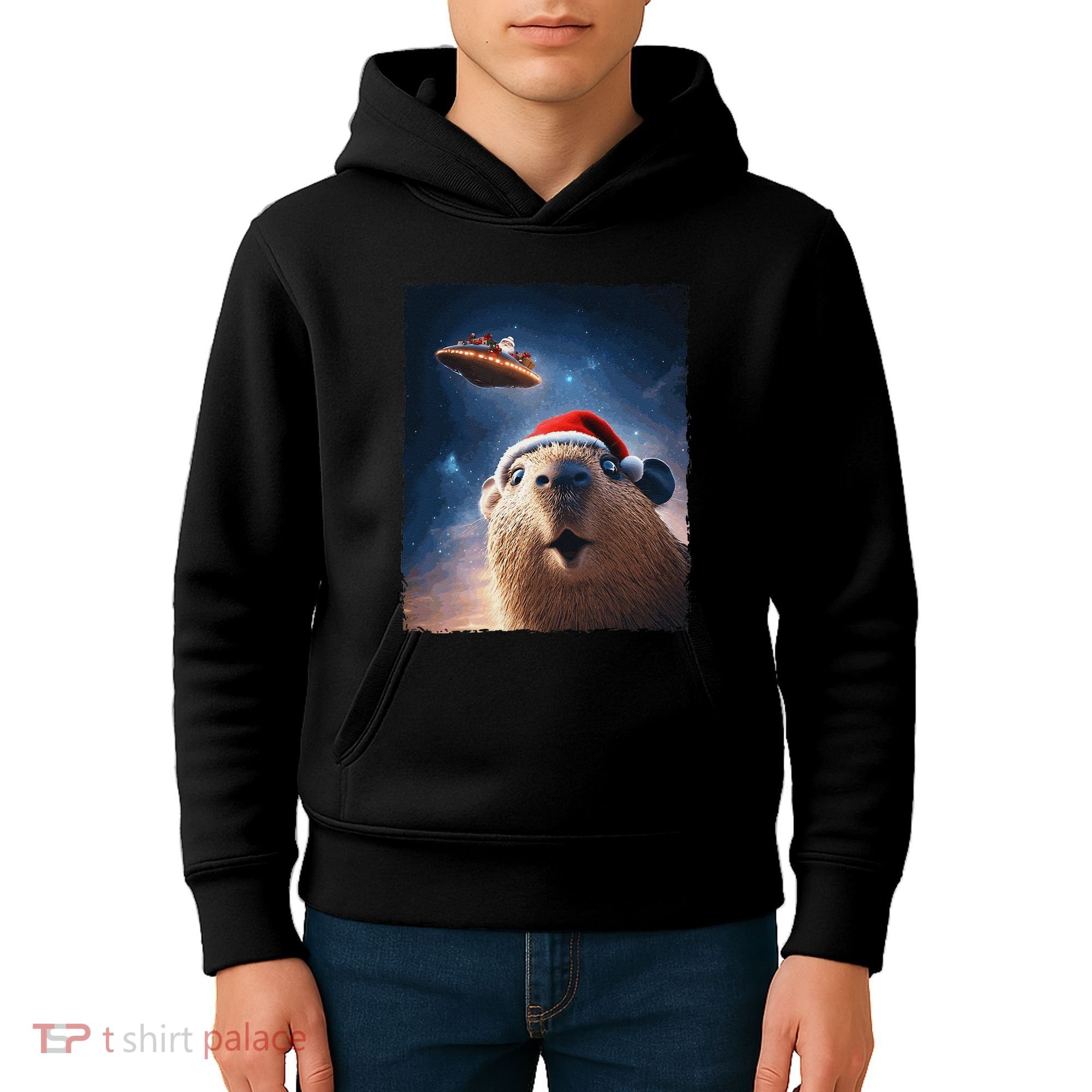 Funny Capybara Selfie Santa Ufo Xmas Christmas Kids Hoodie