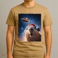 Funny Capybara Selfie Santa Ufo Xmas Christmas T-Shirt thumb 3