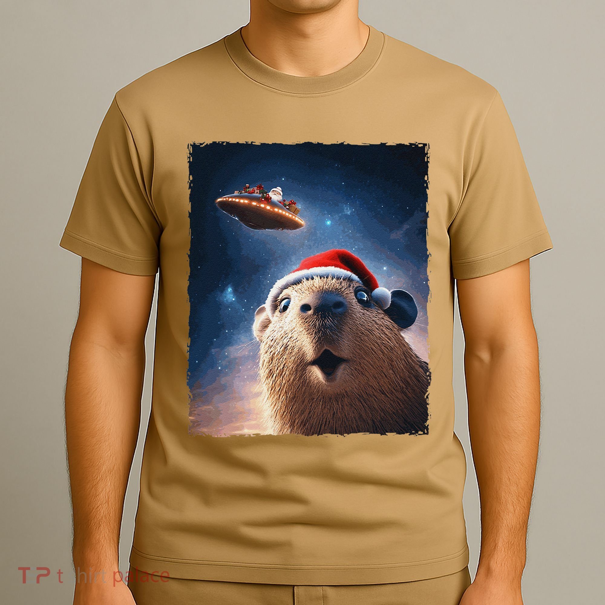 Funny Capybara Selfie Santa Ufo Xmas Christmas T-Shirt