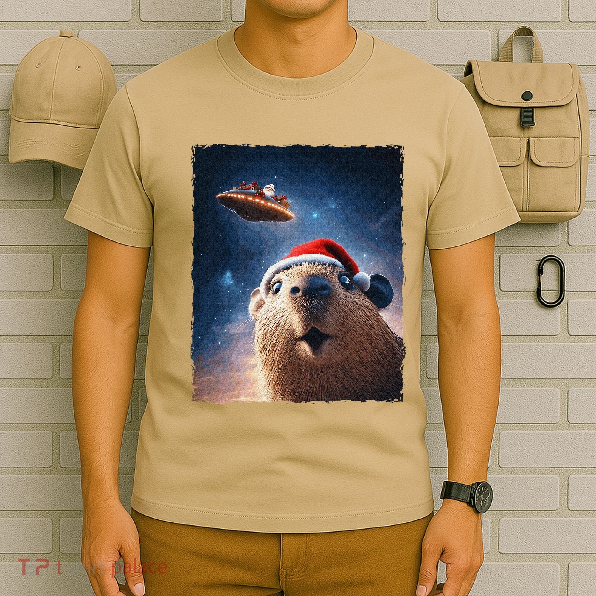 Funny Capybara Selfie Santa Ufo Xmas Christmas T-Shirt