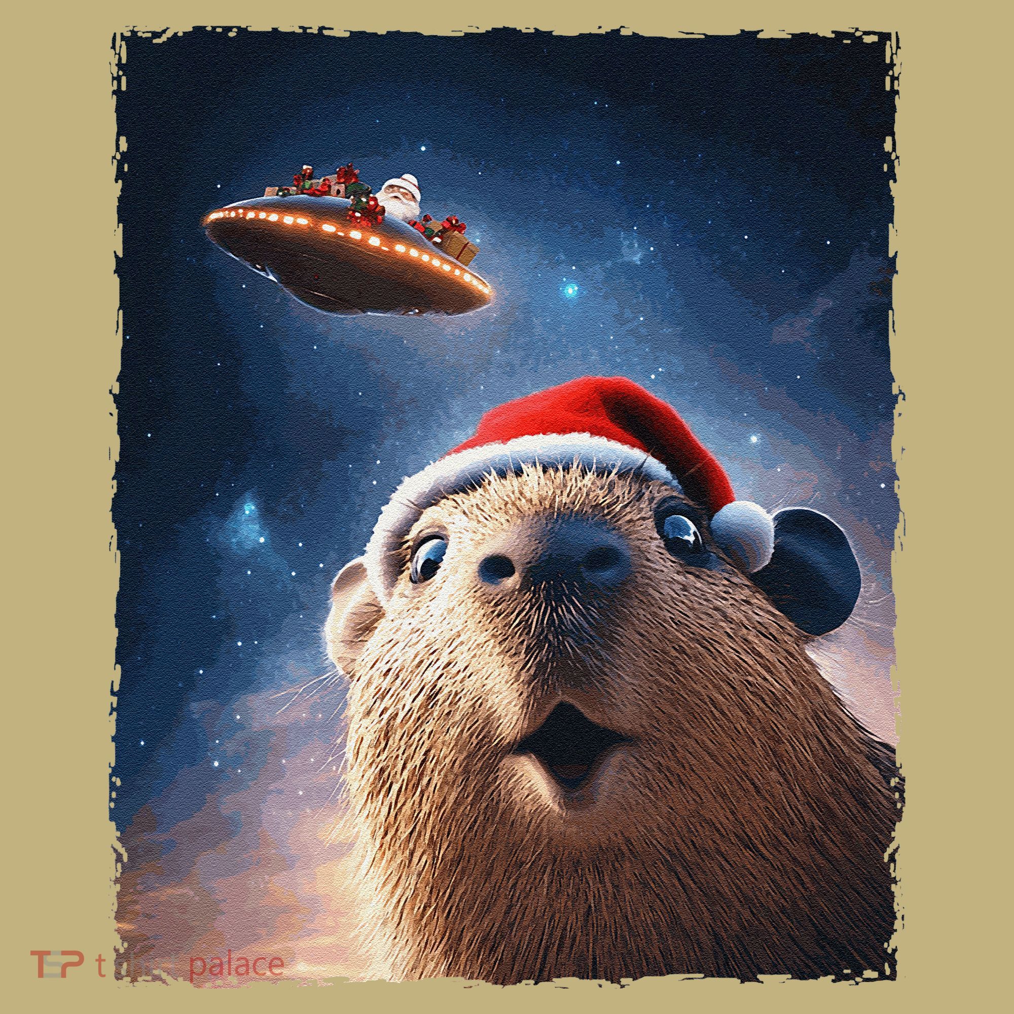 Funny Capybara Selfie Santa Ufo Xmas Christmas T-Shirt