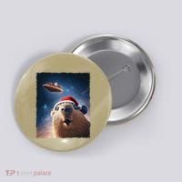 Funny Capybara Selfie Santa Ufo Xmas Christmas Button thumb 0