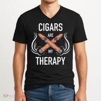Funny Cigar Smoker Cigars Are My Therapy Gift V-Neck T-Shirt thumb 2