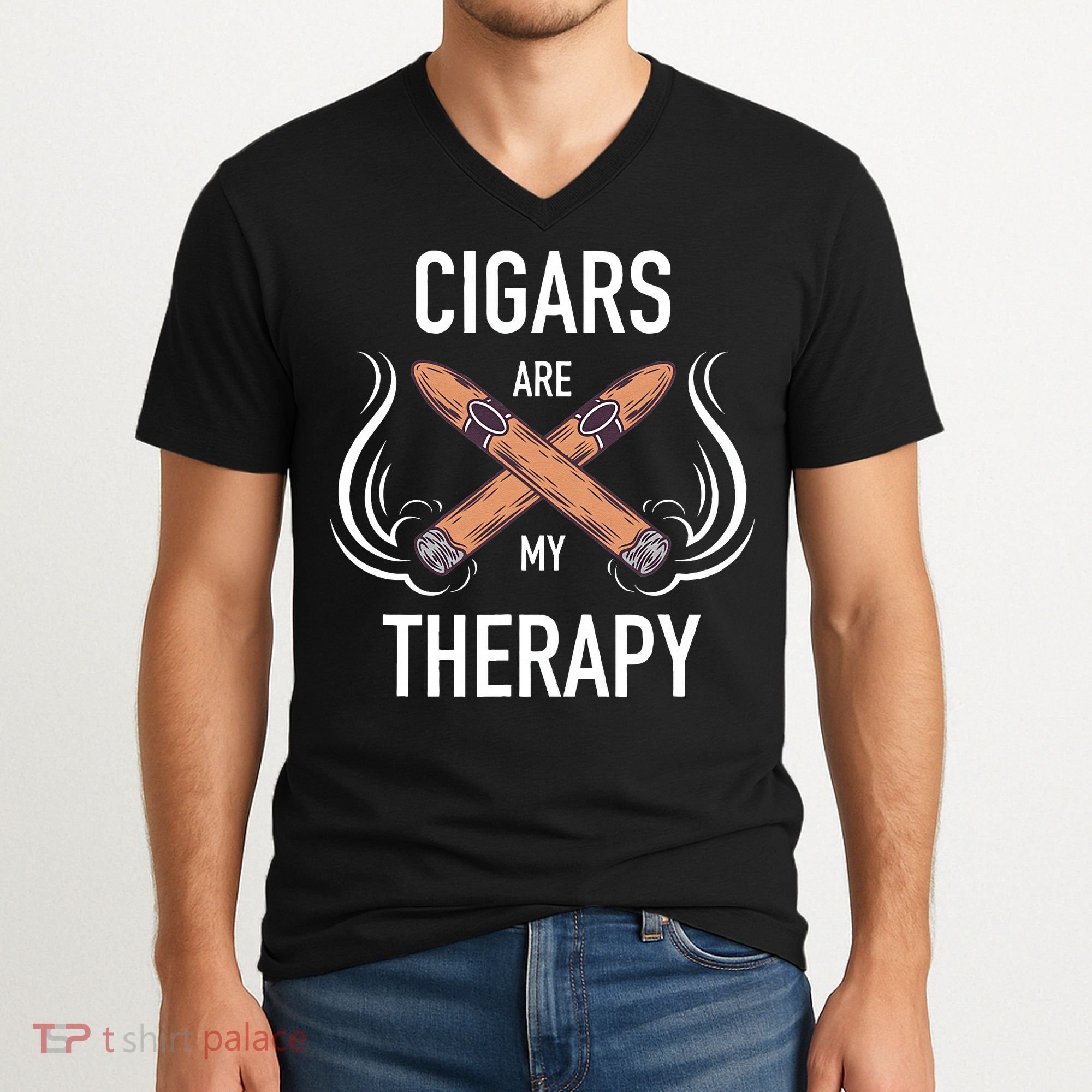 Funny Cigar Smoker Cigars Are My Therapy Gift V-Neck T-Shirt
