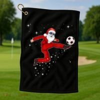 Funny Christmas Santa Soccer Playing Xmas Boys Sport Gift Golf Towel thumb 1