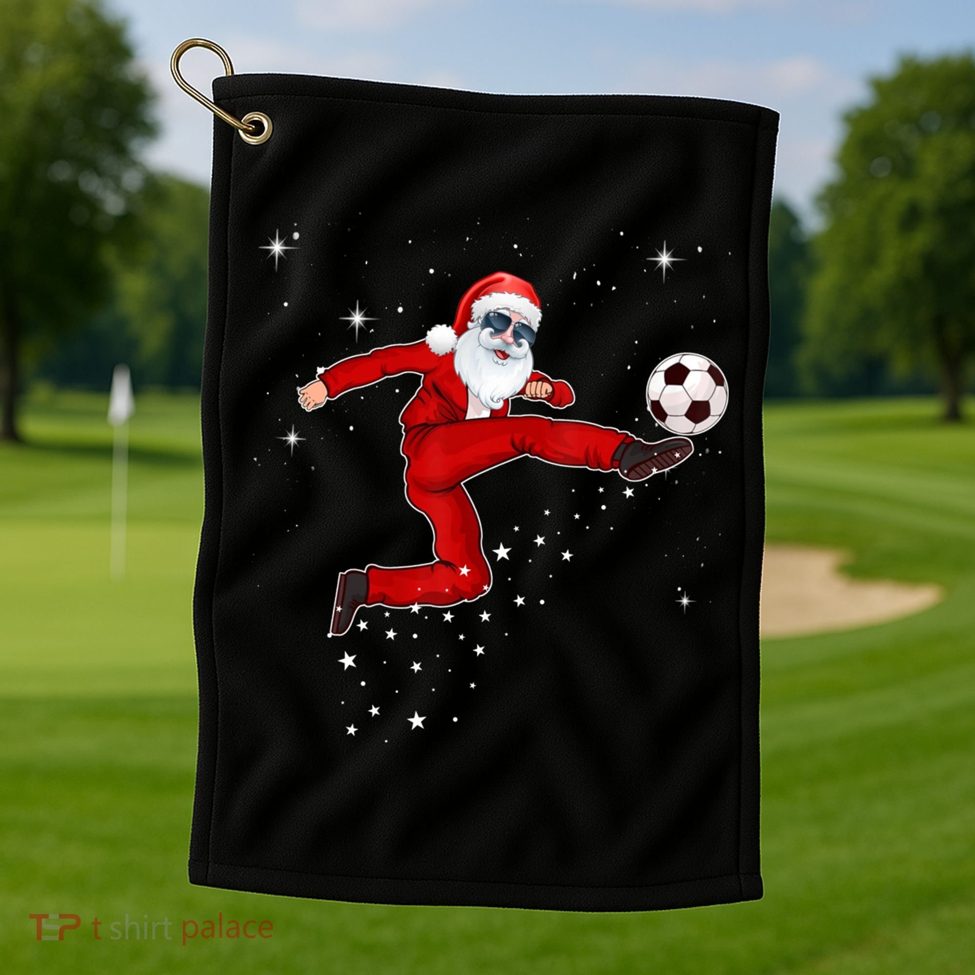 Funny Christmas Santa Soccer Playing Xmas Boys Sport Gift Golf Towel