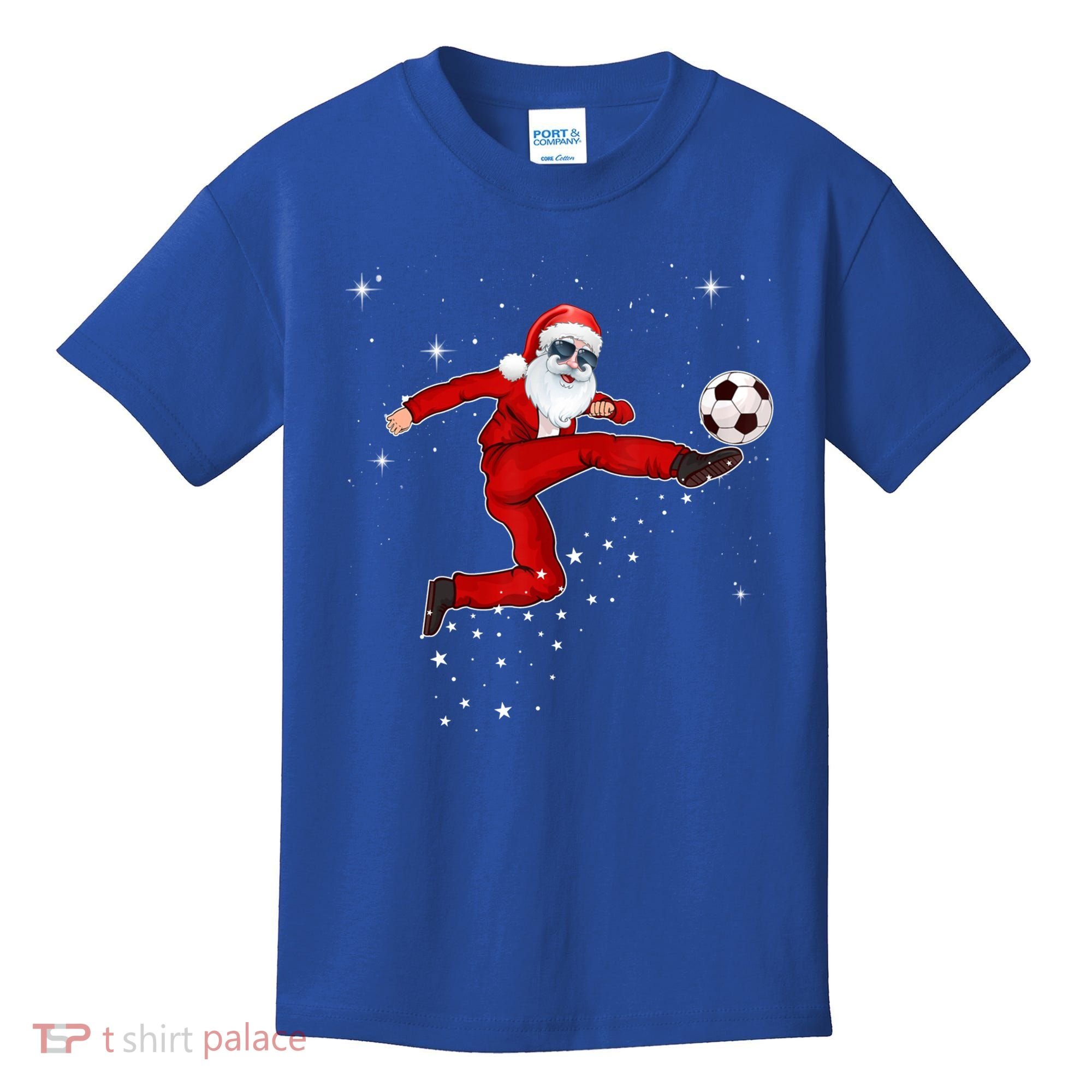 Funny Christmas Santa Soccer Playing Xmas Boys Sport Gift Kids T-Shirt