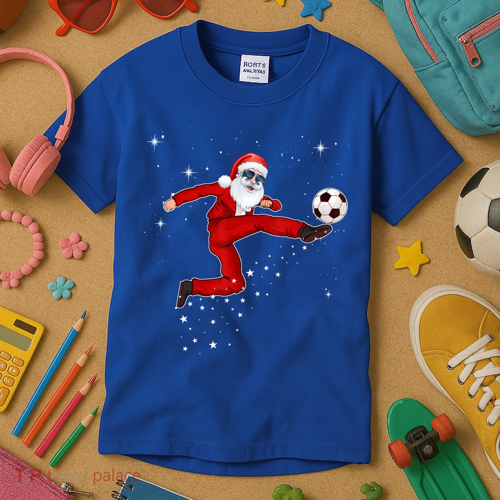 Funny Christmas Santa Soccer Playing Xmas Boys Sport Gift Kids T-Shirt