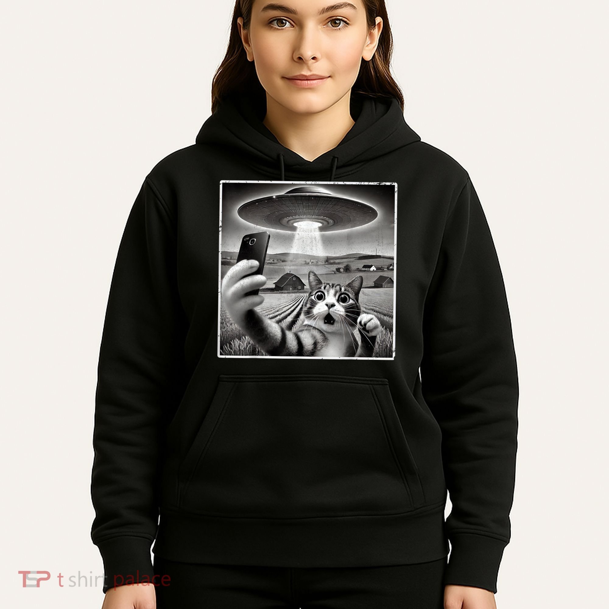 Funny Cat Selfie With Alien UFO Cat Hoodie