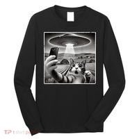 Funny Cat Selfie With Alien UFO Cat Long Sleeve Shirt thumb 0
