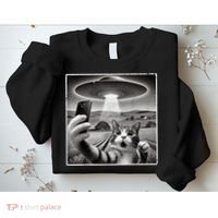 Funny Cat Selfie With Alien UFO Cat Sweatshirt thumb 2