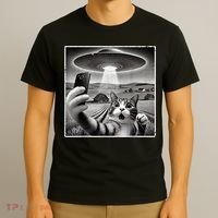 Funny Cat Selfie With Alien UFO Cat T-Shirt thumb 3