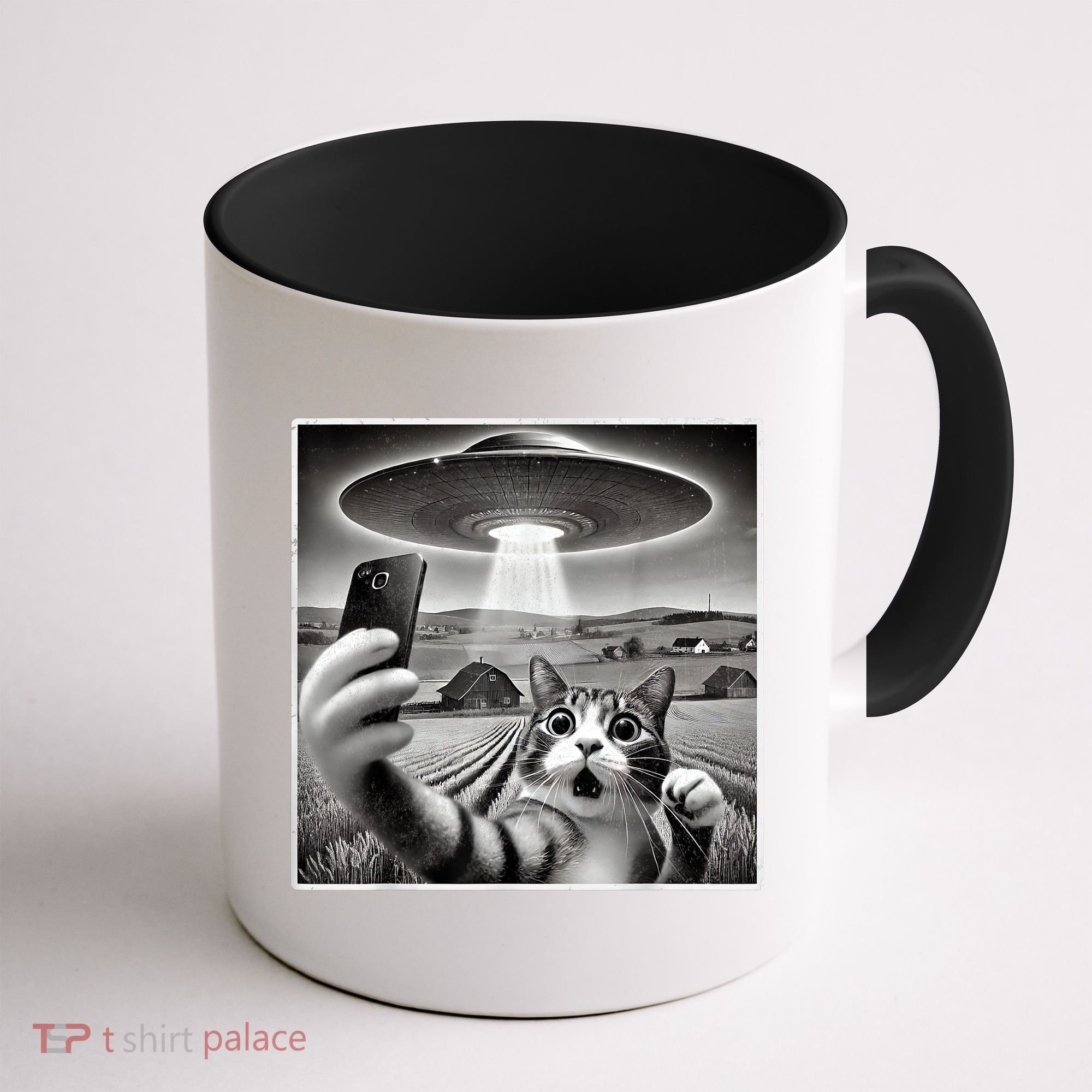 Funny Cat Selfie With Alien UFO Cat Coffee Mug