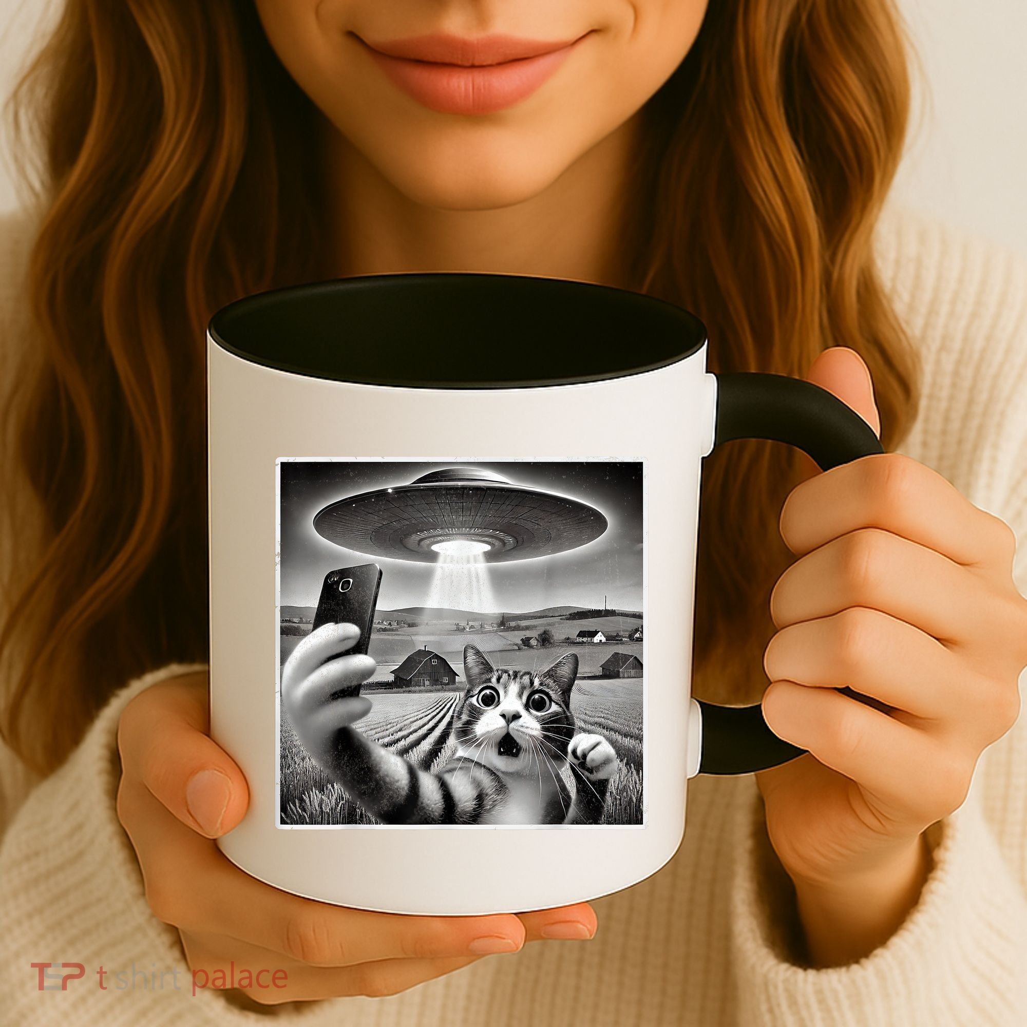 Funny Cat Selfie With Alien UFO Cat Coffee Mug