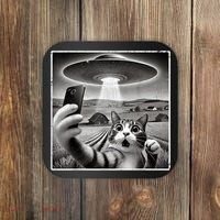 Funny Cat Selfie With Alien UFO Cat Coaster thumb 0
