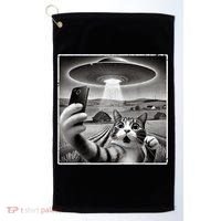Funny Cat Selfie With Alien UFO Cat Golf Towel thumb 0
