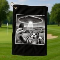 Funny Cat Selfie With Alien UFO Cat Golf Towel thumb 1